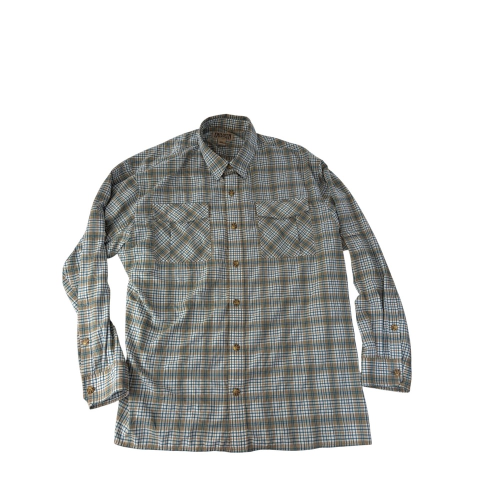 Duluth Trading Shirt Mens 2XL Tan Blue Plaid Wrinklefighter Relaxed Fit Gorpcore